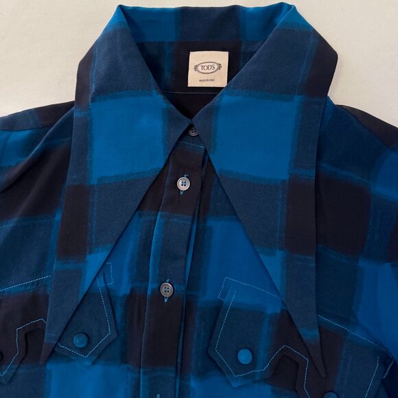 Tod's Button-Down Elaborate Collar Shirt | Blue & Black Plaid | Size IT 38 US 4 - Picture 3 of 10